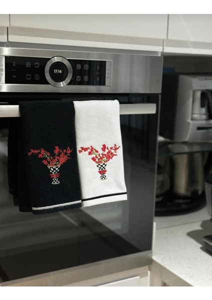 Damalı Vazo Siyah-Beyaz Havlu 2'li