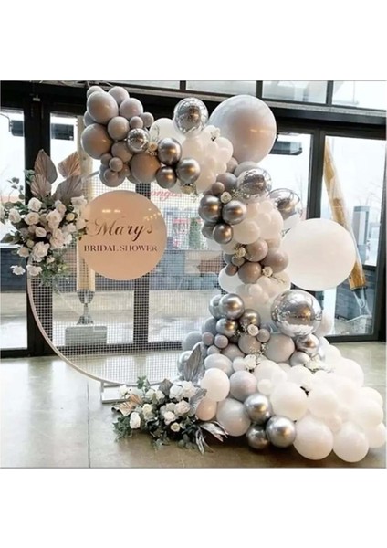 Zincir Balon Seti Krom Gümüş-Taş Rengi-Pastel Beyaz 3 Renk 100 Adet +Balon Şeridi