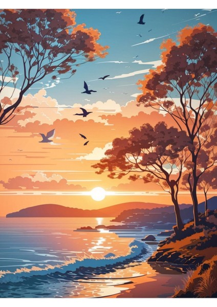 Renkli Baskılı Sayılarla Boyama Hobi Seti (Çerçeveli-Büyük Boy) 80X100 Cm: Gün Batımı ve Kuşlar