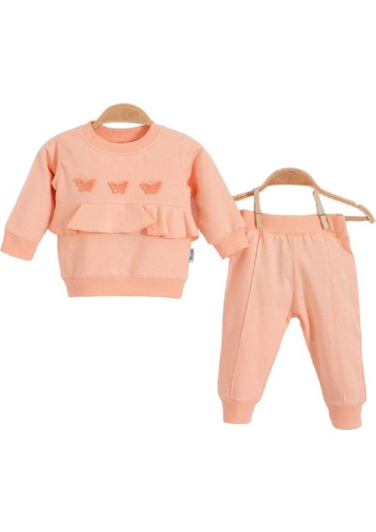 1170Pİ Kız Bebek Üç Kelebek Nakışlı Iki Ip Somon Eşofman Takım