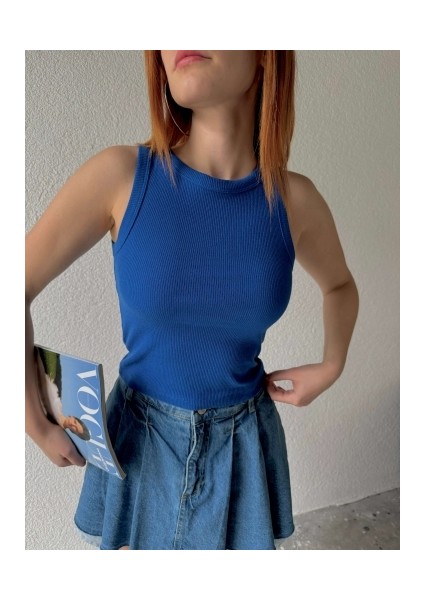 Kadın Halter Yaka Kolsuz Örme Fitilli Crop Bluz