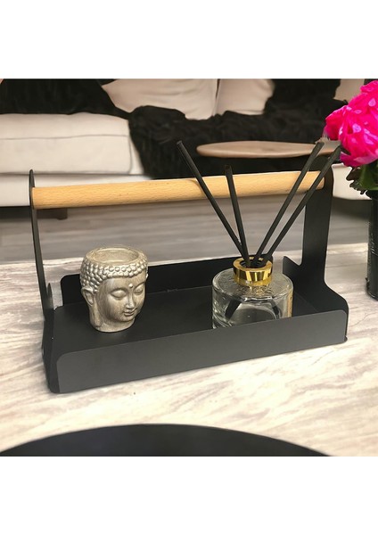 Ahşap Saplı 30X17CM Siyah Metal Servis, Sunum, Dekoratif Tepsi indirimleri