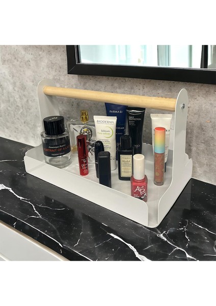 Ahşap Saplı Beyaz 30X17CM Metal Servis, Sunum, Dekoratif Tepsi