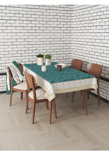 Çiçek Motifli Turkuaz Beyaz Masa Örtüsü Günlük Kullanıma Uygun 155X220