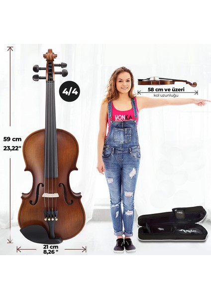 LMA-644-TYS Profesyonel Ahşap Mat Keman 4/4 Tam Boy (Yastık Yedek Tel Çanta Yay Reçine Metod)