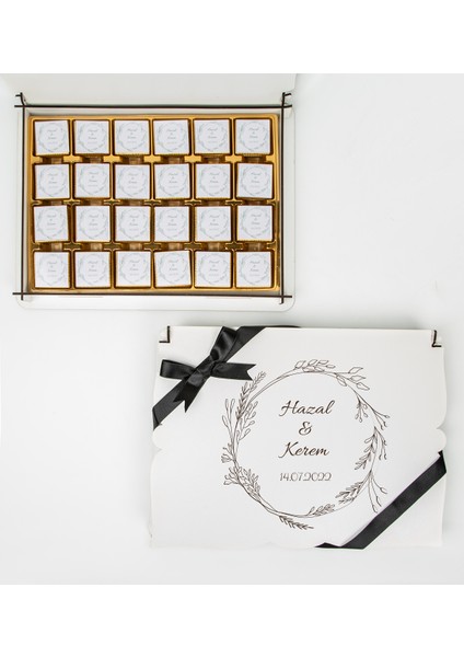 Kişiye Özel Ahşap Kutulu ve Kişiye Özel Madlen Çikolatalı Nişan-Söz Çikolatası 72 Adet