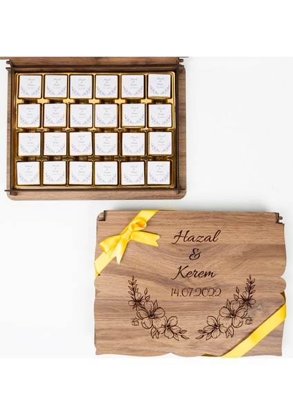 Kişiye Özel Ahşap Kutulu ve Kişiye Özel Madlen Çikolatalı Nişan-Söz Çikolatası 72 Adet
