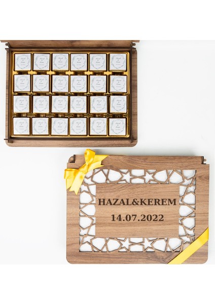 Kişiye Özel Ahşap Kutulu ve Kişiye Özel Madlen Çikolatalı Nişan-Söz Çikolatası 72 Adet