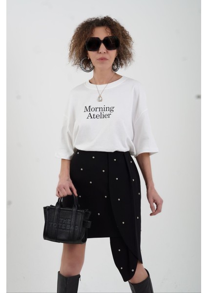 Ekru Morning Baskılı Oversize Tshirt