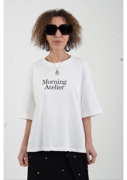 Ekru Morning Baskılı Oversize Tshirt modelleri