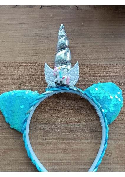 Kokoş Tasarım Gökkuşağı Sevimli Fuşya Renk Unicorn Taç Tek Boynuzlu At Simli Kulak Detay