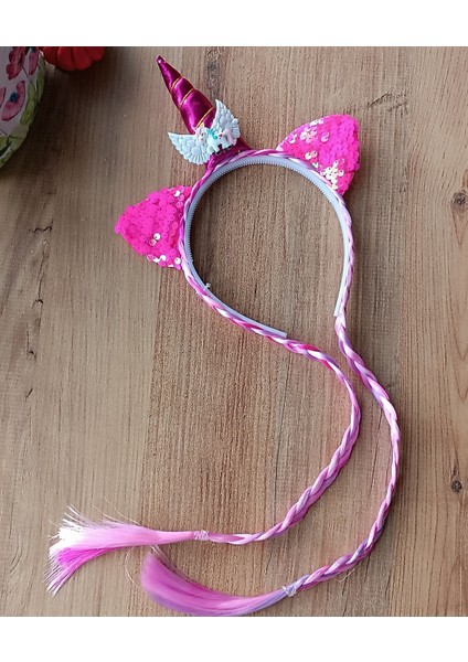 Kokoş Tasarım Gökkuşağı Sevimli Fuşya Renk Unicorn Taç Tek Boynuzlu At Simli Kulak Detay