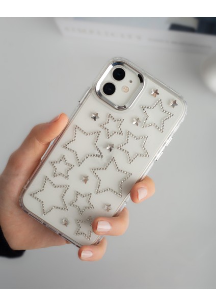 iPhone 11 Uyumlu Gümüş Yıldızlı Şeffaf Kılıf