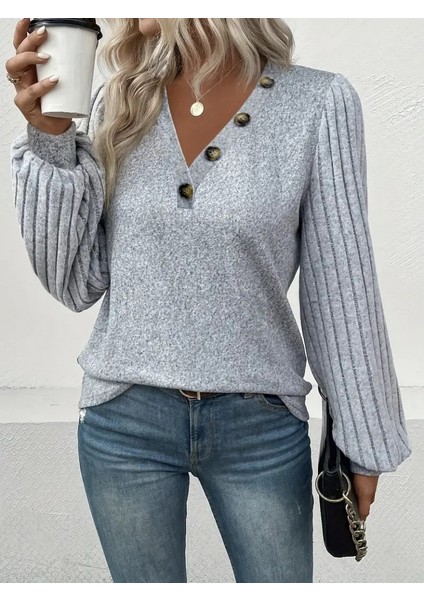 Kadın Uzun Kollu Kolları Fitilli Yakası Düğme Detay Şardonlu Bluz fırsatları