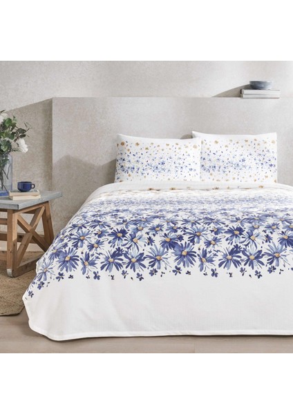 Baskılı Flora Çift Kişilik Pike Takımı Mavi