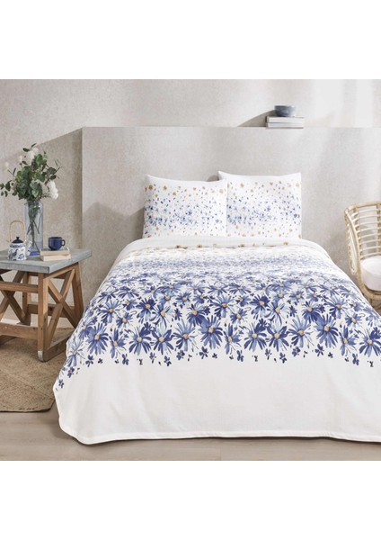 Baskılı Flora Çift Kişilik Pike Takımı Mavi