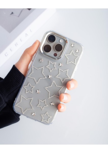 iPhone 15 Promax Uyumlu Gümüş Yıldızlı Şeffaf Kılıf