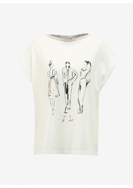 Kayık Yaka Baskılı Kırık Beyaz Kadın T-Shirt FC4SL-TST0280