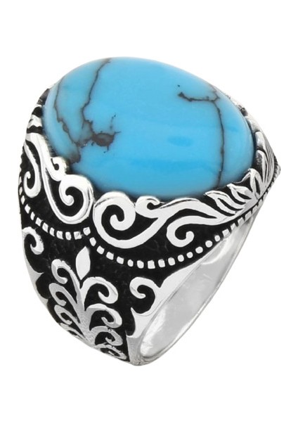 Erkek Yüzük Gümüş 925 Ayar Turkuaz Taşlı