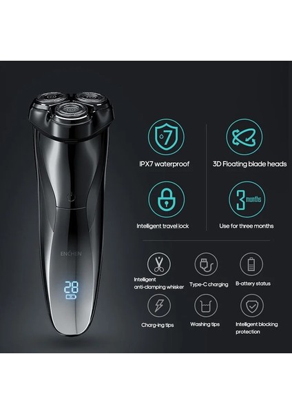 Siyah Stil Enchen Blackstone 3 Erkek Elektrikli Tıraş Makinesi Jilet LCD Güç Ekran Şarj Edilebilir Elektronik Jilet Ipx7 Su Geçirmez Tam Vücut Yıkanabilir (Yurt Dışından)