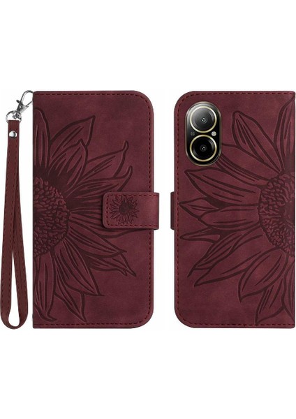 Kart Yuvaları Tutucu Kabartmalı Ayçiçeği Kısa Pu ile Realme C67 4g Için Telefon Kılıfı (Yurt Dışından)