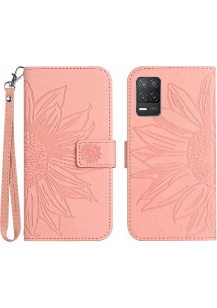 Kart Yuvaları Tutucu Kısa Kayış ile Realme 8 5g Kabartmalı Ayçiçeği Için Telefon Kılıfı (Yurt Dışından)