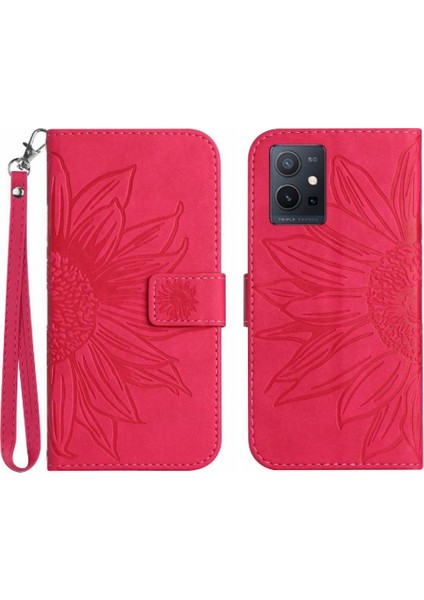 Vivo Y55 5G/Y75 5g Için Kart Yuvaları Tutucu Kabartmalı Pu ile Kısa Kayış Telefon Kılıfı (Yurt Dışından)