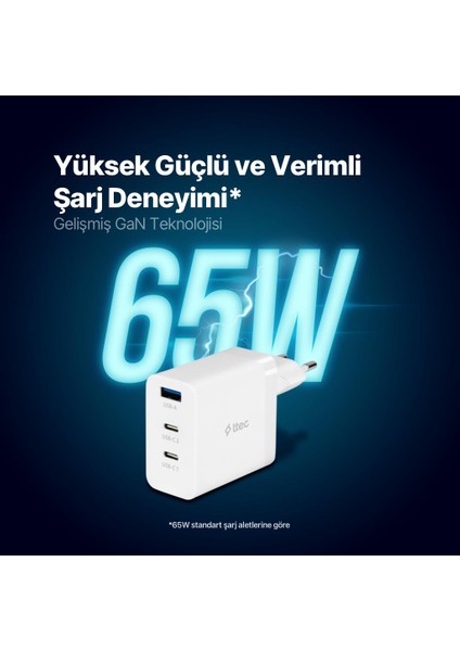 Smartcharger Trio Gan 65W Pd Seyahat Hızlı Şarj Aleti 2 Usb-C+Usb-A