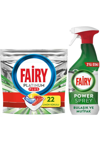 Platinum Plus 22 Yıkama Bulaşık Makinesi Kapsülü + Fairy Power Sprey 3’ü 1 Arada Bulaşık ve Mutfak 500 ml