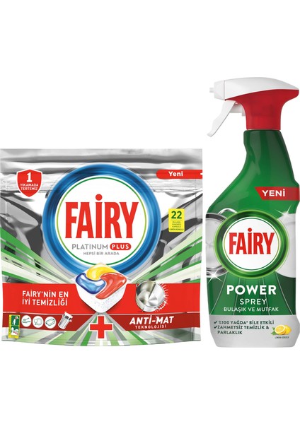 Platinum Plus 22 Yıkama Bulaşık Makinesi Kapsülü + Fairy Power Sprey 3’ü 1 Arada Bulaşık ve Mutfak 500 ml