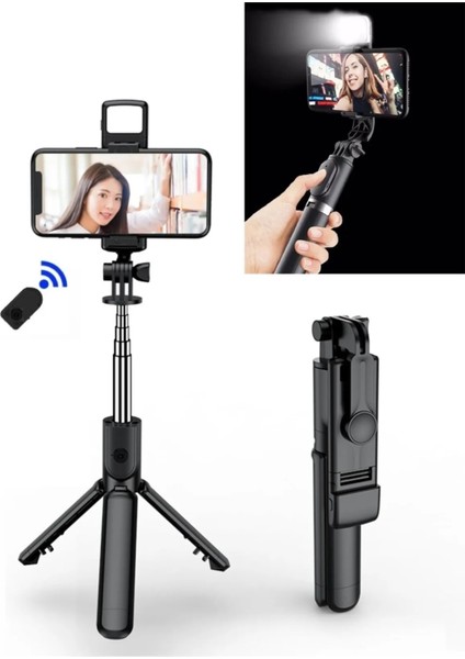 LED Işıklı Bluetooth Kumandalı Selfie Çubuğu Katlanabilir Taşınabilir 100 cm Tripod