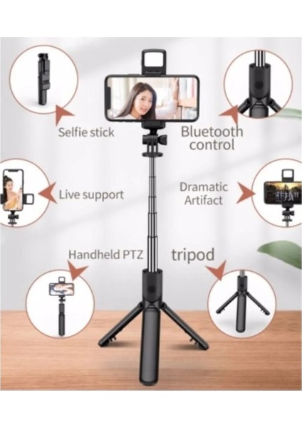 LED Işıklı Bluetooth Kumandalı Selfie Çubuğu Katlanabilir Taşınabilir 100 cm Tripod