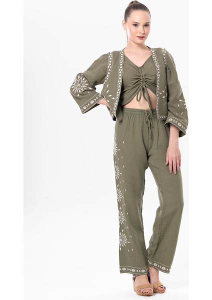 Beli Lastikli Günışığı Yazlık Müslin Pantolon Haki Hk indirimleri