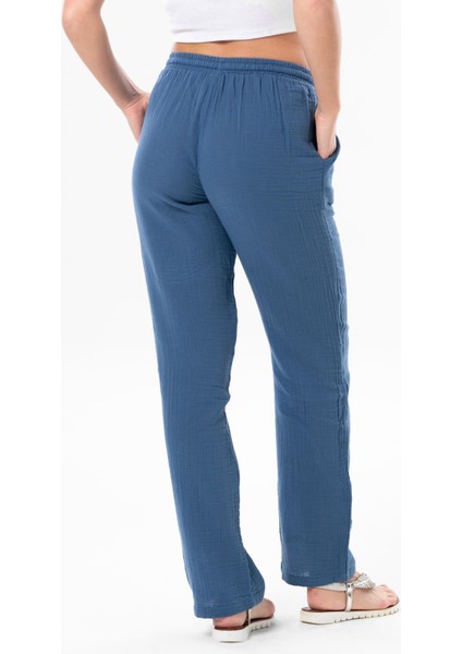 Müslin Beli Bağcıklı Çift Cepli Kadın Yazlık Pantolon Indigo
