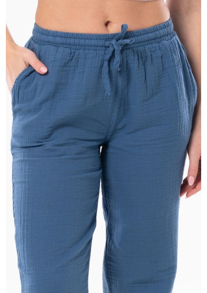 Müslin Beli Bağcıklı Çift Cepli Kadın Yazlık Pantolon Indigo
