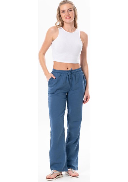 Müslin Beli Bağcıklı Çift Cepli Kadın Yazlık Pantolon Indigo