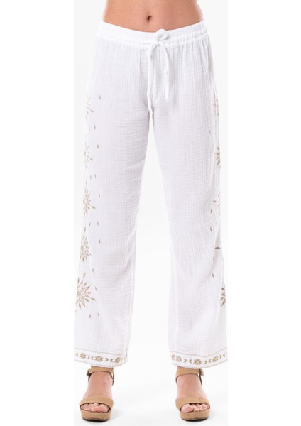 Beli Lastikli Günışığı Yazlık Müslin Pantolon Beyaz Byz