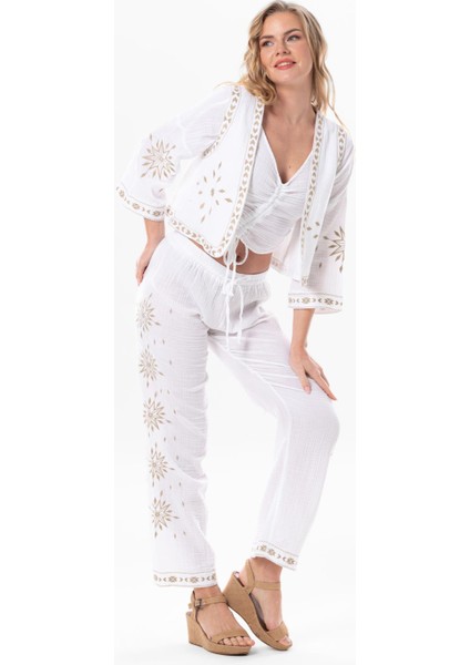 Beli Lastikli Günışığı Yazlık Müslin Pantolon Beyaz Byz fırsatları