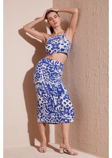 Slim Fit Ip Askılı Yırtmaçlı Midi Alt-Üst Takım Bayan Takım 5865726
