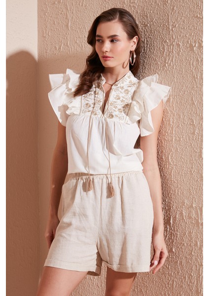 Pamuklu Regular Fit Nakış Işlemeli Bluz Bayan Bluz 611BZ0253