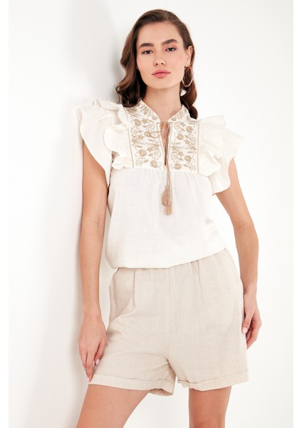 Pamuklu Regular Fit Nakış Işlemeli Bluz Bayan Bluz 611BZ0253