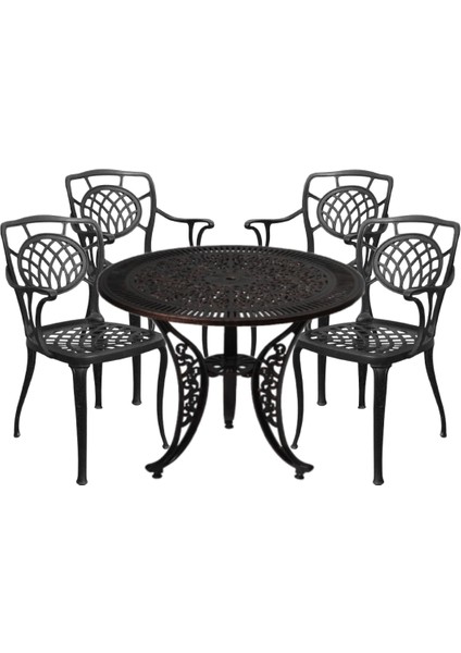 Alüminyum Döküm Bahçe Balkon Oturma Grubu 5 Parça 4 Sandalye + 1 Masa Siyah