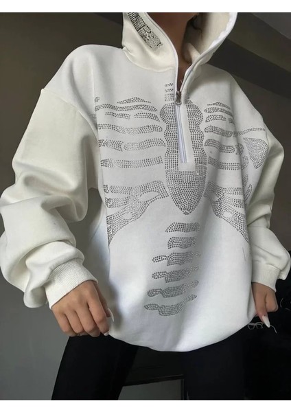 Taşlı Zip Kapüşonlu Sweatshirt - Beyaz fiyatları