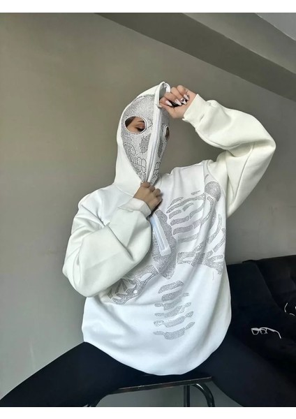 Taşlı Zip Kapüşonlu Sweatshirt - Beyaz modelleri