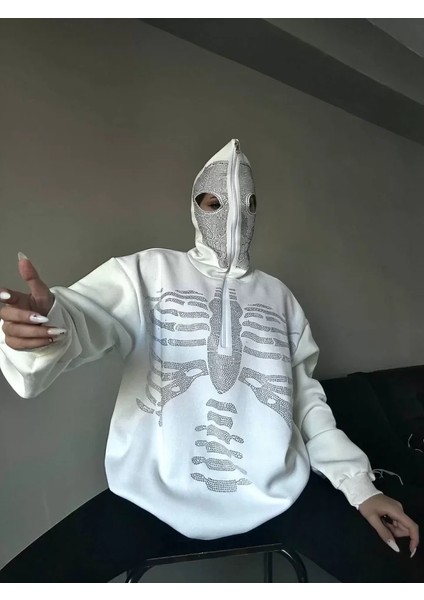 Taşlı Zip Kapüşonlu Sweatshirt - Beyaz fırsatları