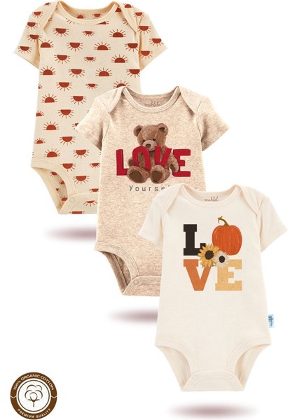 3'lü Organik"love " Baskılı Kısa Kollu Bebek Body Zıbınkısabej-Ekru-Güneş9-30