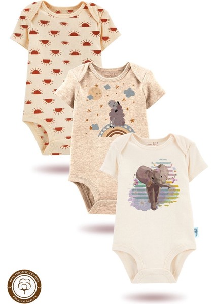 3'lü Organik"fil " Baskılı Kısa Kollu Bebek Body ZIBINKISABEJ-EKRU-GÜNEŞ444-496