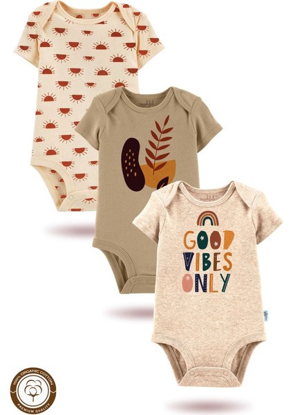 3'lü Organik"good Vibes Only" Baskılı Kısa Kollu Bebek Body Zıbın Kısabej-Kahve-Güneş98-8