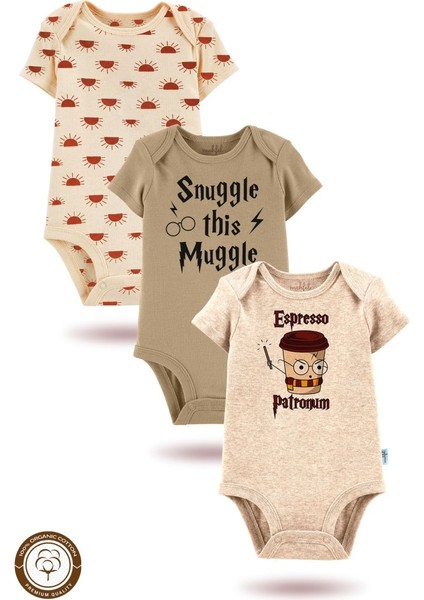 3'lü Organik"snuggle This Muggle" Baskılı Kısa Kollu Bebek Body Zıbın KISABEJ-KAHVE-GÜNEŞ719-796