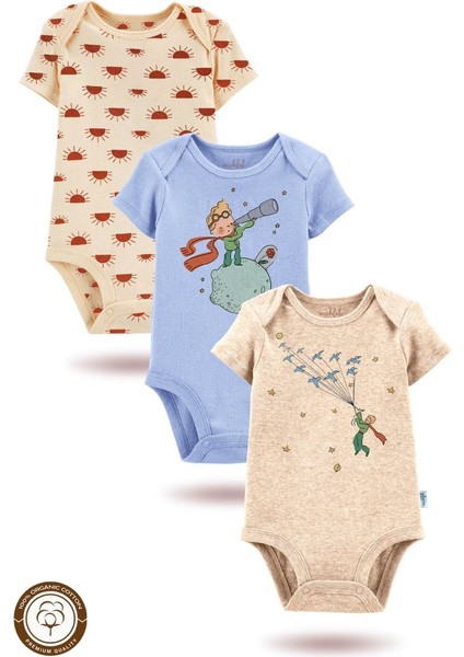 3'lü Organik"mutlu Prens" Baskılı Kısa Kollu Bebek Body Zıbın Kısamavi-Bej-Güneş13-4